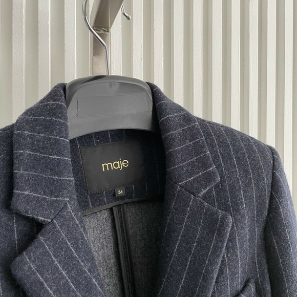 Maje Jacket Blazer Vampas Pinstriped Wool Gabardine Blazer Navy Sz 36❤️ - Picture 5 of 7